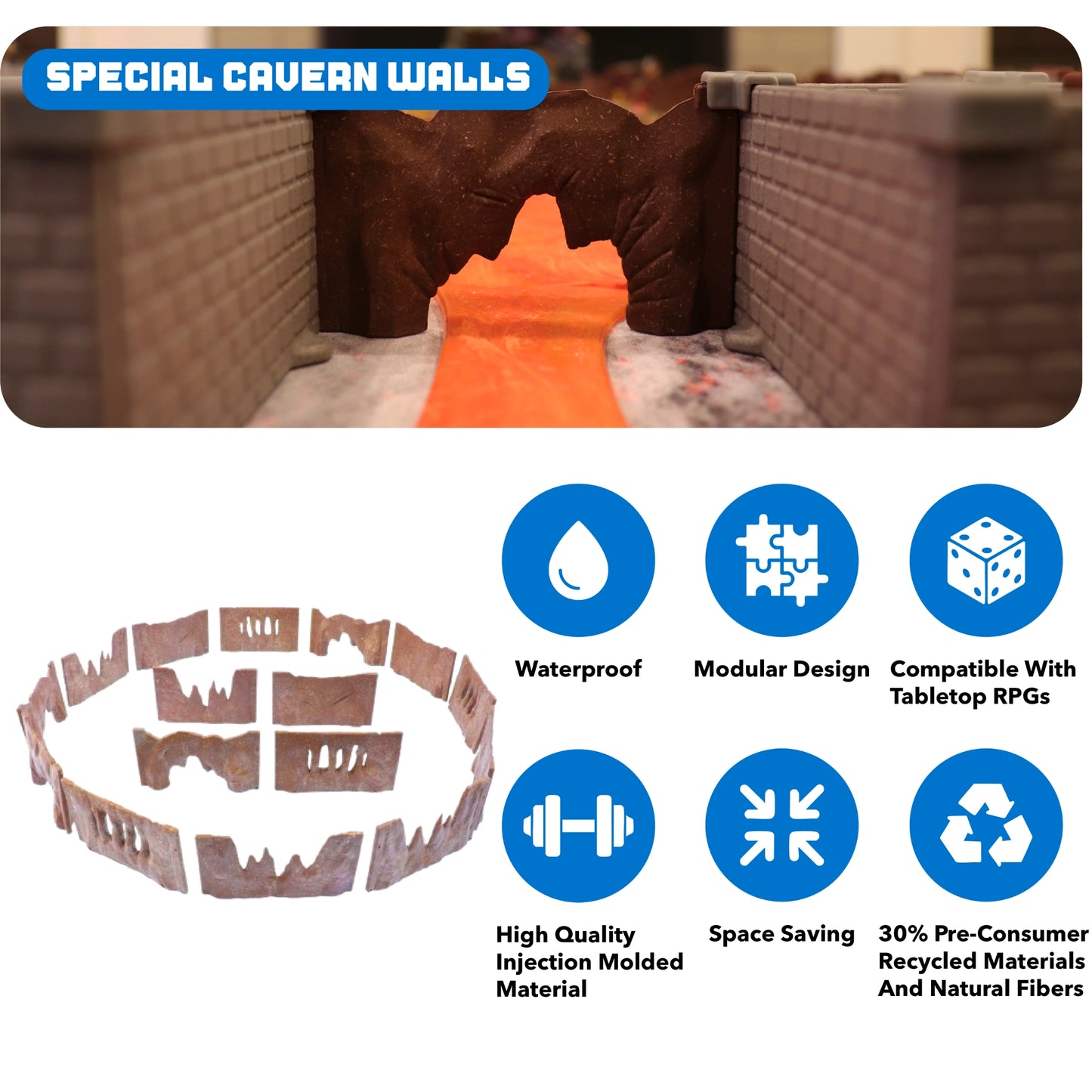 Product image highlighting features: Waterproof, Modular Design, Compatible With Tabletop RPGs, High Quality Injection Molded, Space Saving, and 30% Recycled Materials.