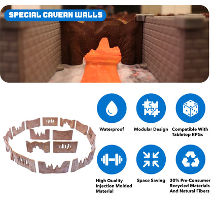 Product image highlighting features: Waterproof, Modular Design, Compatible With Tabletop RPGs, High Quality Injection Molded, Space Saving, and 30% Recycled Materials.