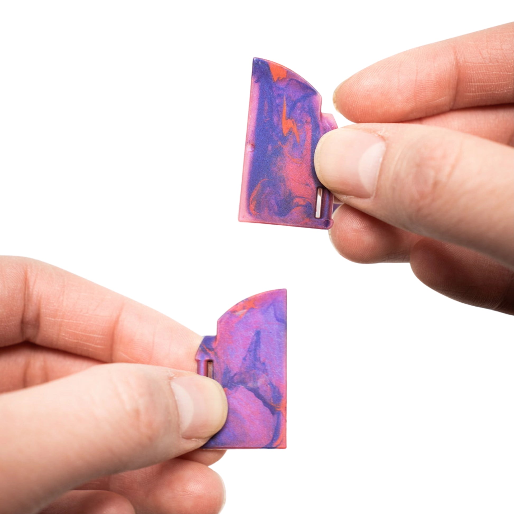 Close-up of the swirled translucent Magic Door pieces (double door) for TTRPG dungeon fantasy terrain.