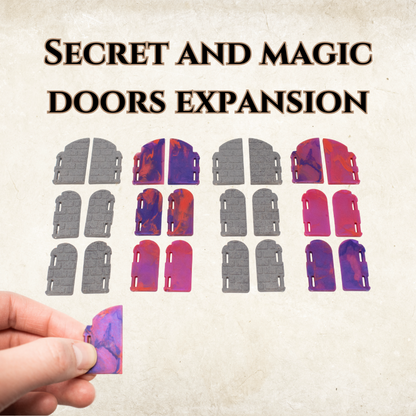 Dirt Cheap Dungeons Secret Door and Magic Door Expansion set, showing all grey brick secret doors and swirled magic doors for D&D terrain.