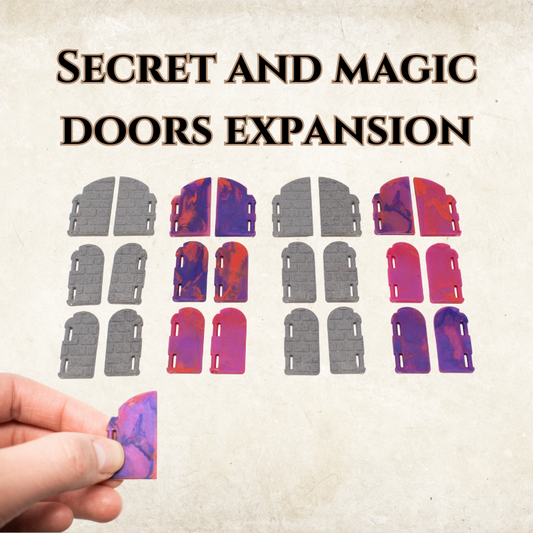 Dirt Cheap Dungeons Secret Door and Magic Door Expansion set, showing all grey brick secret doors and swirled magic doors for D&D terrain.