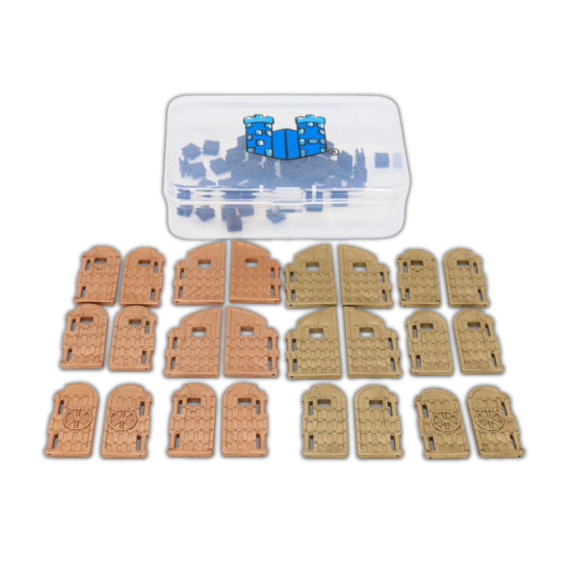 All 24 modular metallic-colored door inserts and connectors in a clear plastic case, for use with Dirt Cheap Dungeons walls.