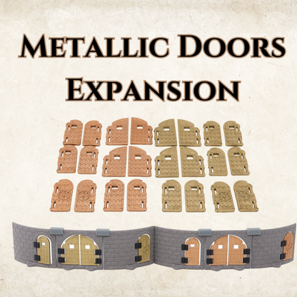 Product title graphic showing all 24 metallic door inserts and a sample gray brick wall with installed doors for DND.
