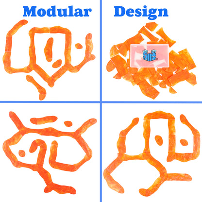 Four-panel image demonstrating the versatile and modular design of the Lava River tiles, showing various possible river layouts and the product packaging.