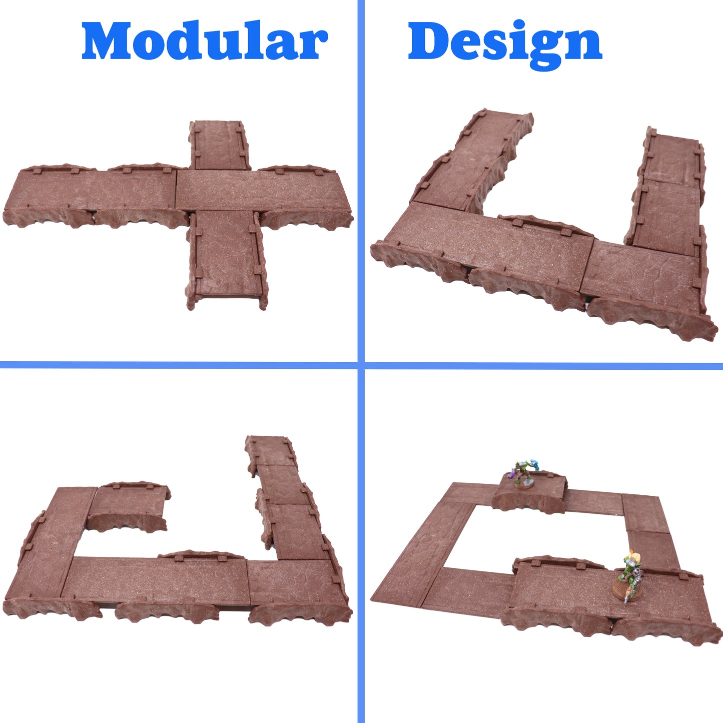 Four-panel image demonstrating the modular design of the Rock Bridges Kit, showing various configurations like a cross, an L-shape, and an enclosed platform.