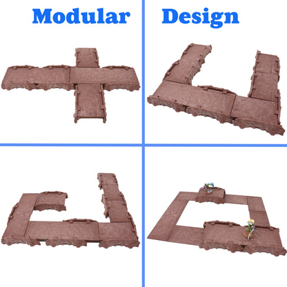 Four-panel image demonstrating the modular design of the Rock Bridges Kit, showing various configurations like a cross, an L-shape, and an enclosed platform.