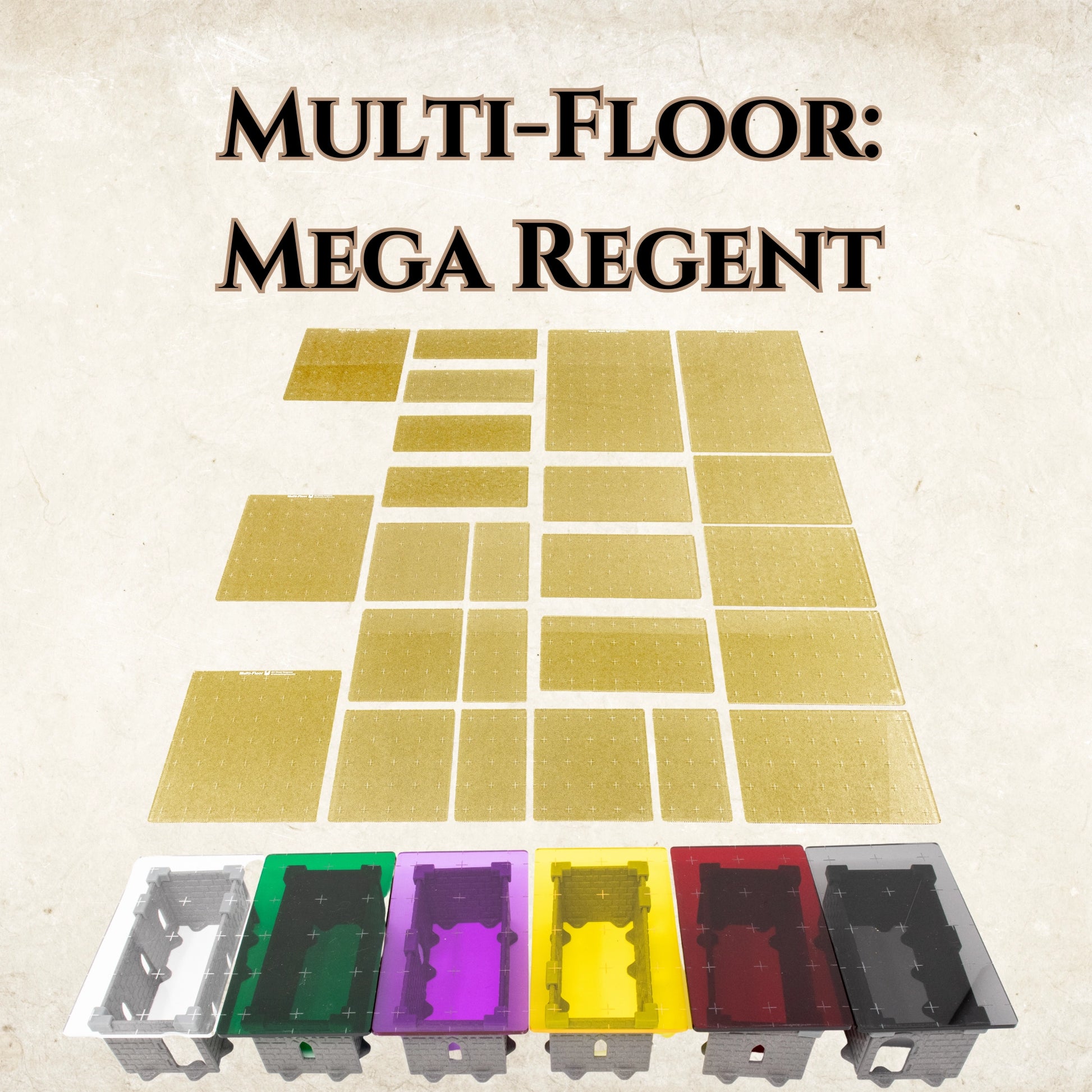 Tile layout and color samples for 'Multi-Floor: Mega Regent' on a textured beige background.