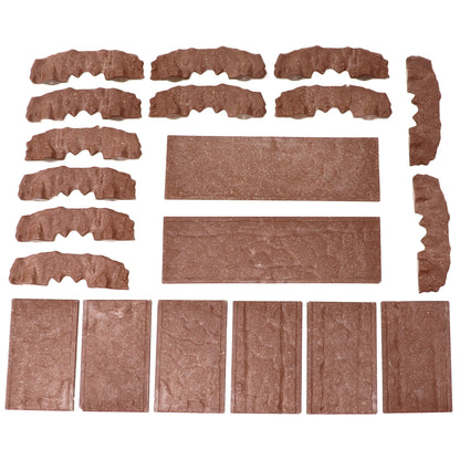 Overhead view of all the individual Rock Bridge walls and platform tiles laid out, showcasing the complete component parts of the kit.