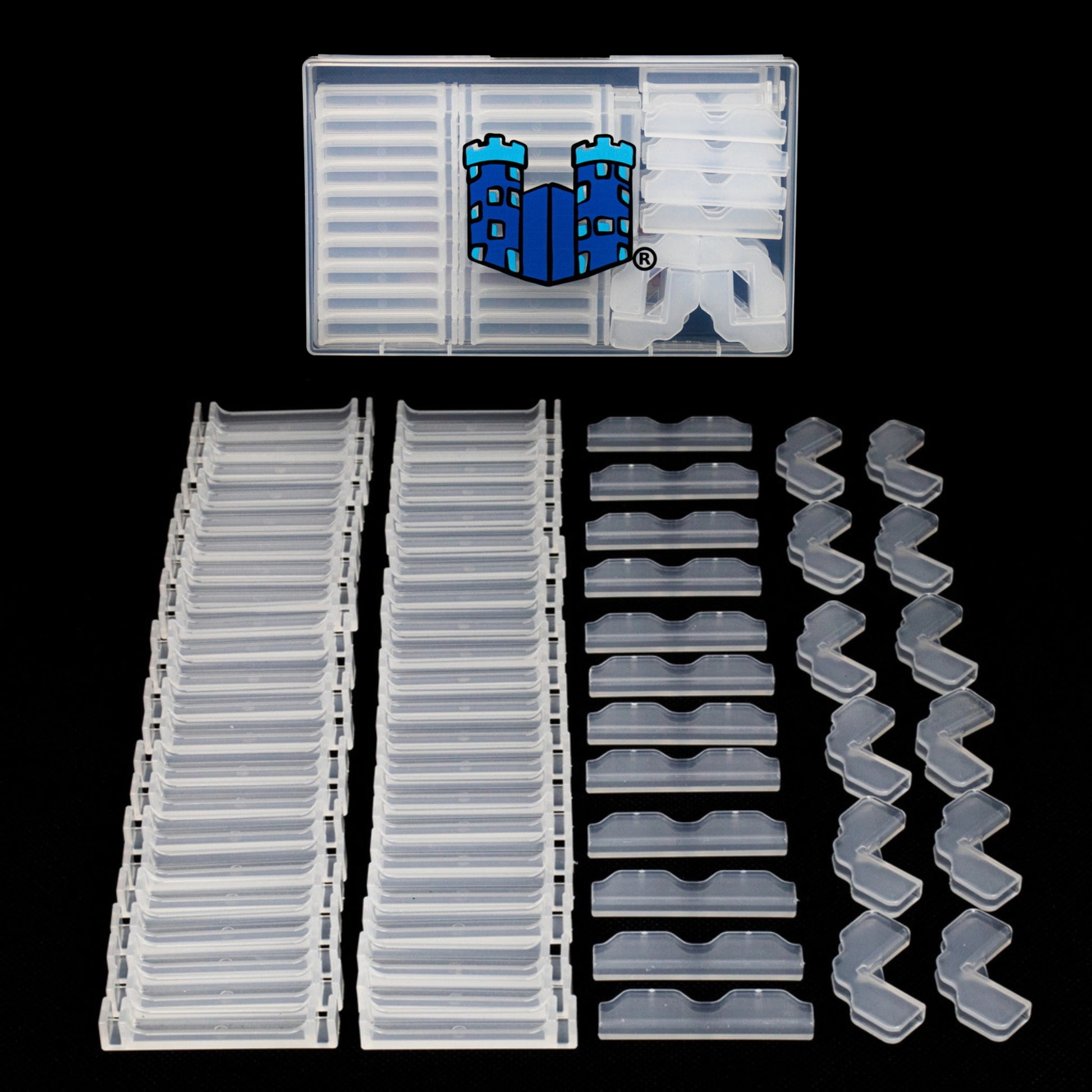 Close-up of the platform clips expansion components: clear plastic columns, support clips, and connectors in a clear case.