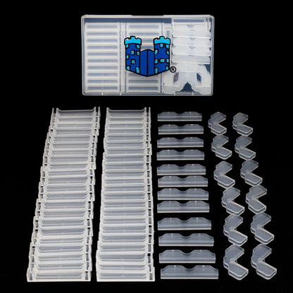 Close-up of the platform clips expansion components: clear plastic columns, support clips, and connectors in a clear case.