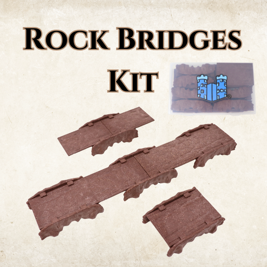 Main product image for the Rock Bridges Kit, showing two 3" platforms and one long 6" bridge piece with the storage container in the corner.
