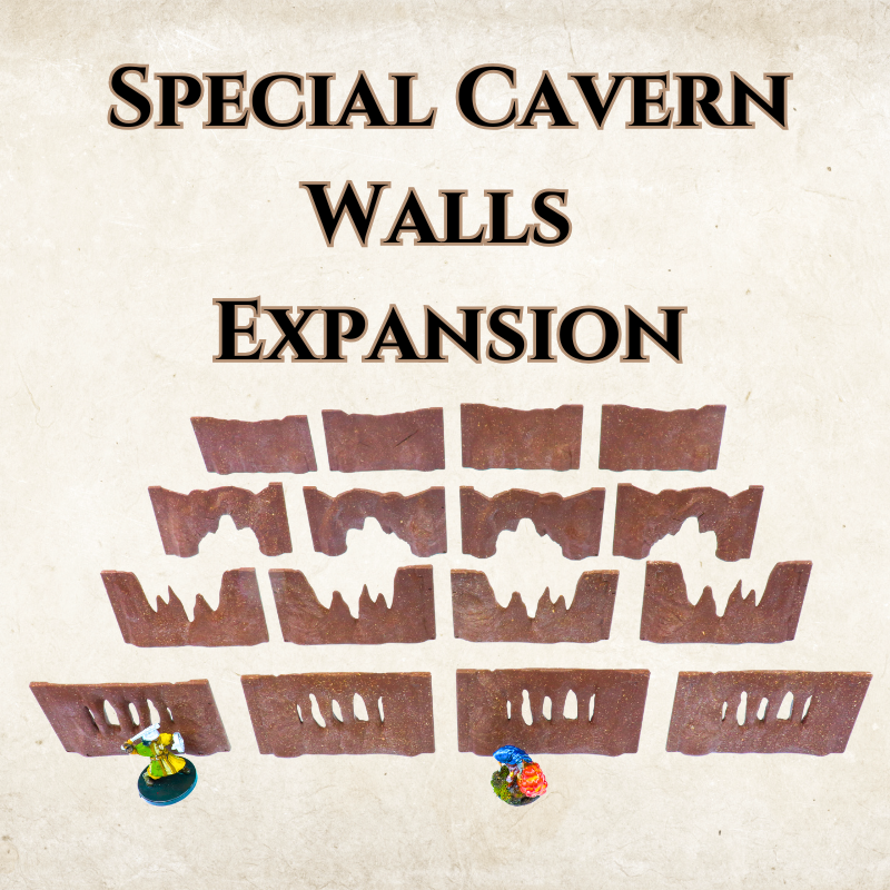 Full set of 16 modular Special Cavern Walls Expansion tiles for TTRPG terrain, displaying Scarred, Top Opening, Bottom Opening, and Windowed wall pieces.