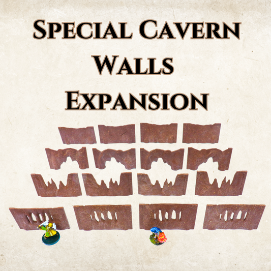 Full set of 16 modular Special Cavern Walls Expansion tiles for TTRPG terrain, displaying Scarred, Top Opening, Bottom Opening, and Windowed wall pieces.