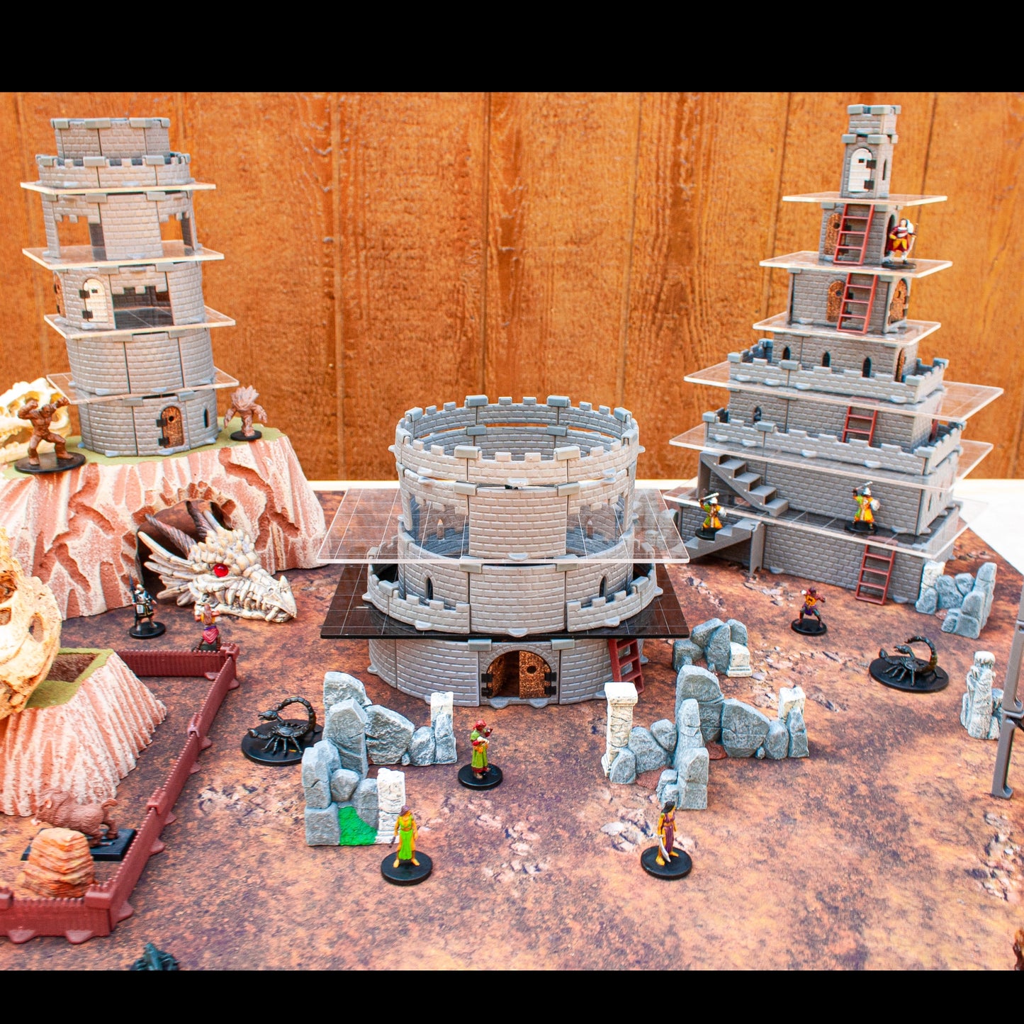 Detailed view of the acrylic platforms being used to make multiple towers in the midst of a desert archeology site. 