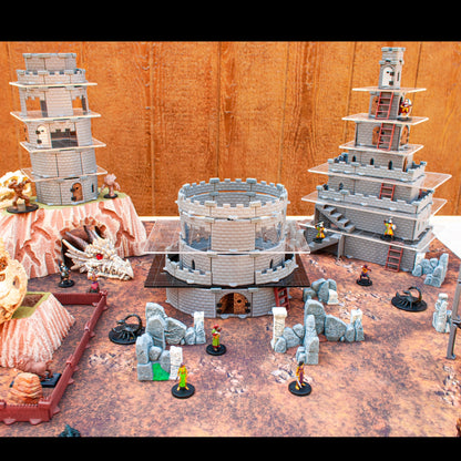 Detailed view of the acrylic platforms being used to make multiple towers in the midst of a desert archeology site. 