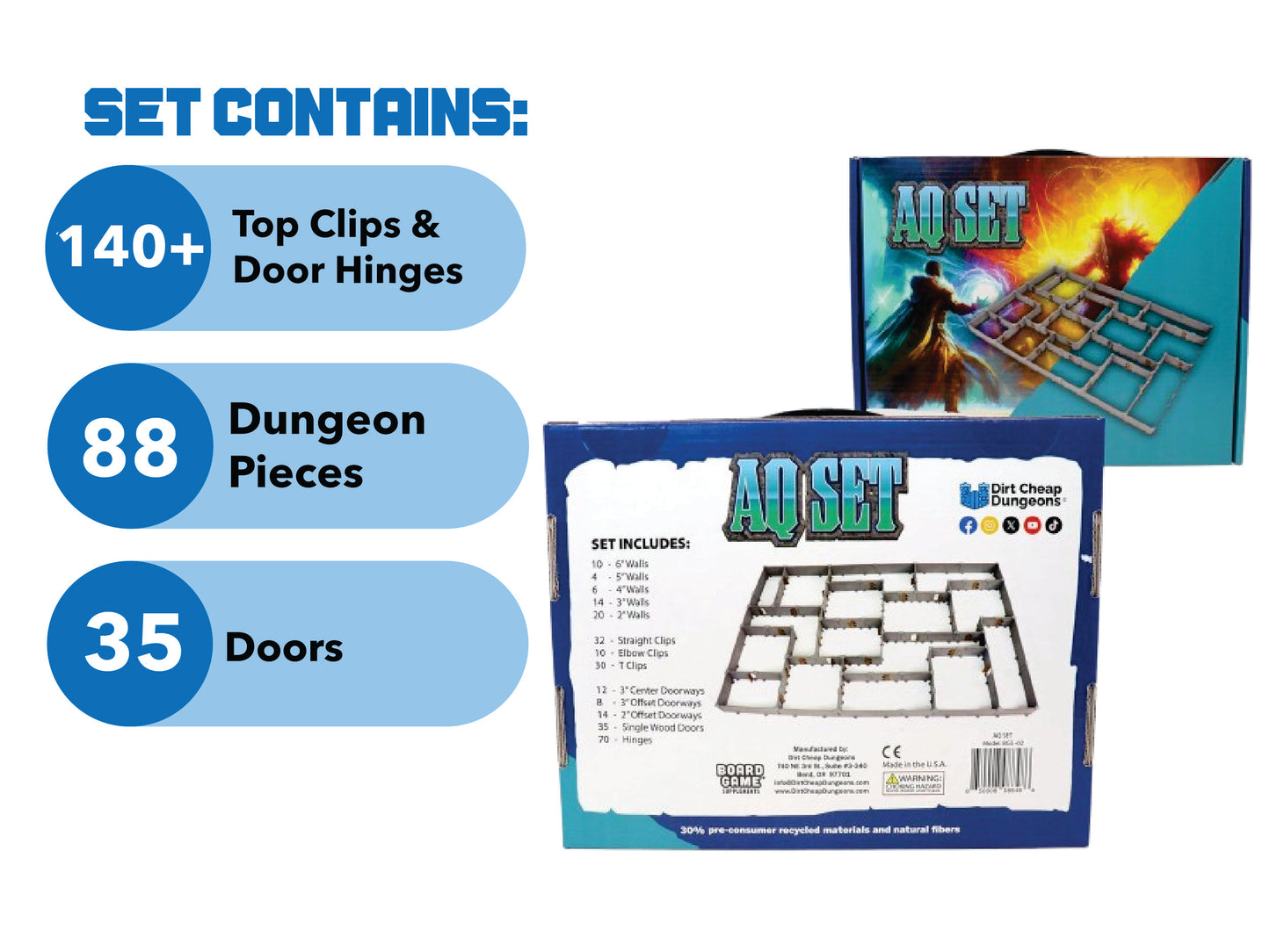 AQ Set contents list showing 88 Dungeon Pieces, 35 Doors, and 140+ Clips and Hinges, detailing the parts for building modular dungeon terrain.