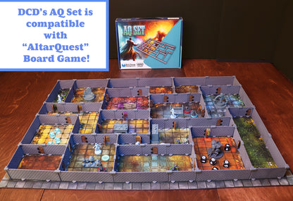 Wide view of the AQ Set creating a massive modular dungeon layout complete with map tiles, miniatures, and other game elements.