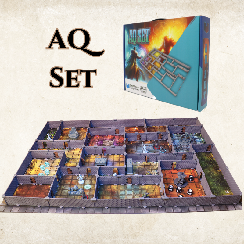 AQ Set of modular dungeon walls and doors compatible with the Altar Quest board game, shown built around the game board.
