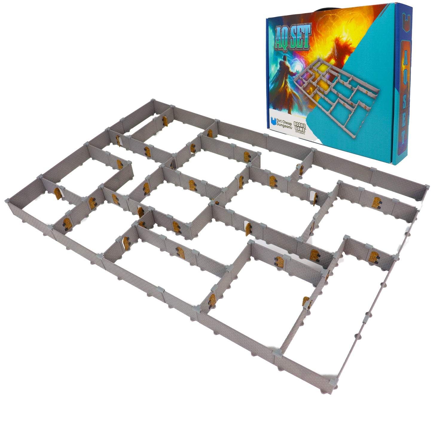The AQ Set framework of dungeon walls and doors on a white background, demonstrating the modular setup before map tiles are added.