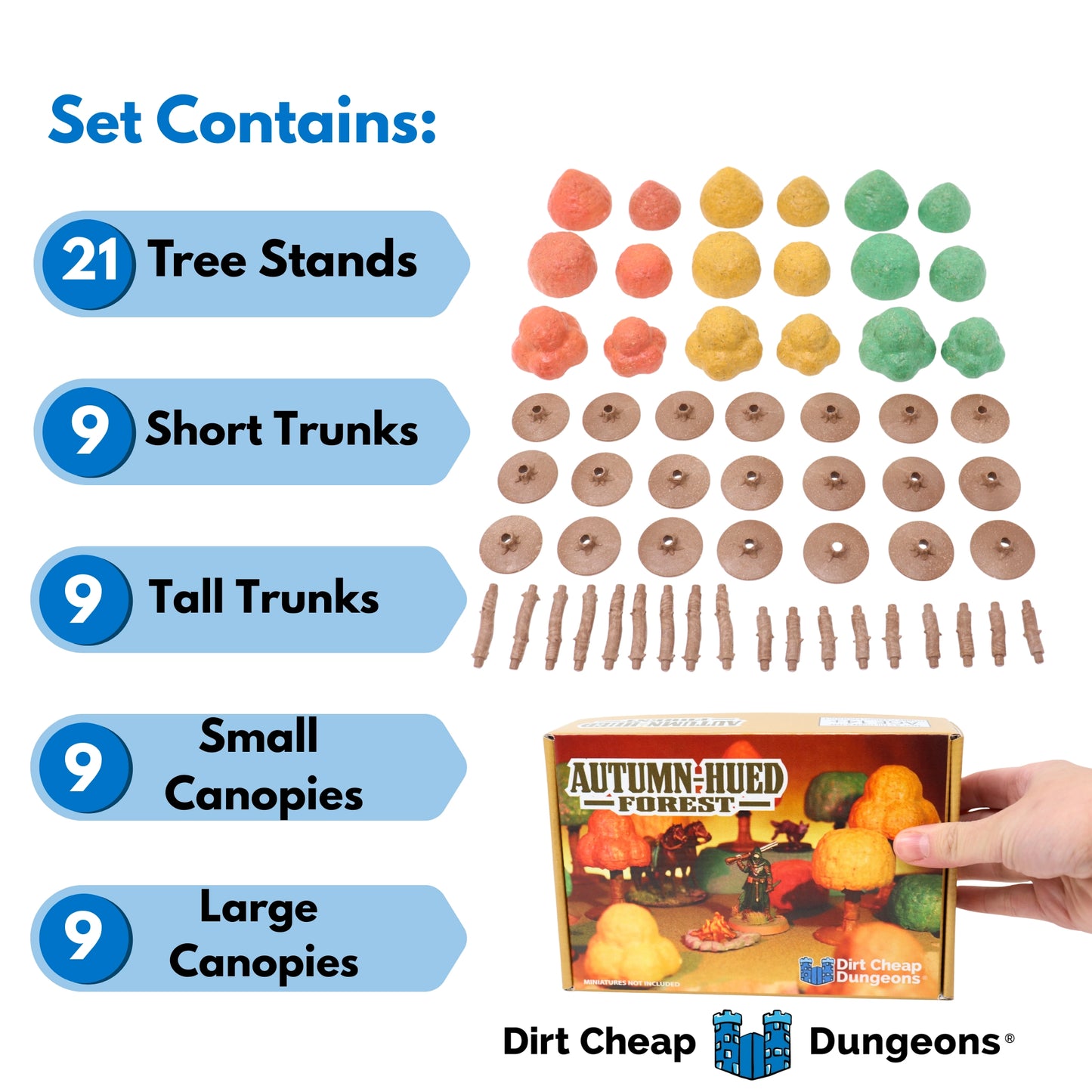 Contents list for the Autumn-Hued Forest Kit: 21 Tree Stands, 9 Short Trunks, 9 Tall Trunks, and 18 Autumn-Hued Canopies for modular assembly.