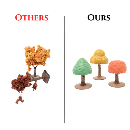 Comparison of Dirt Cheap Dungeons' hard plastic, non-shedding autumn trees versus a traditional flocked hobby tree.