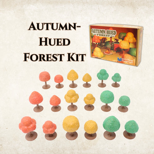 Autumn-Hued Forest Kit with various modular trees in fall colors (orange, yellow, green) for tabletop RPG terrain.