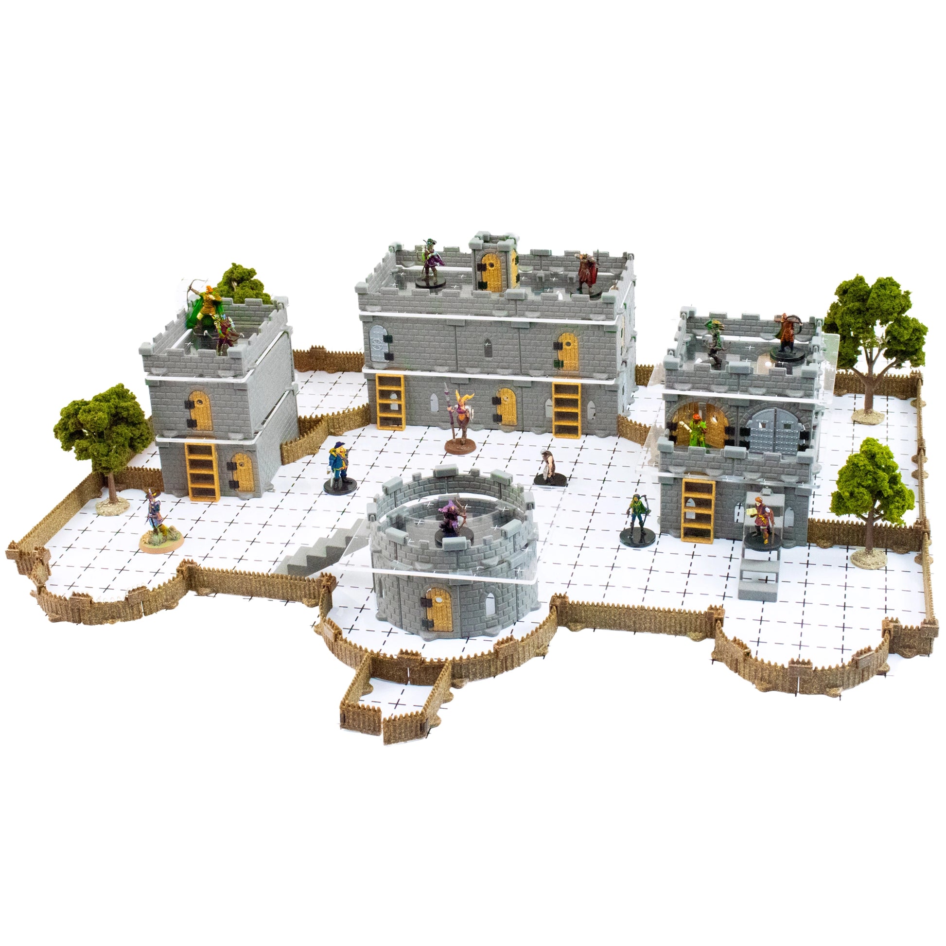 Clean, isolated view of the fully assembled Baron Castle Core Set modular layout on a white background, demonstrating a compact two-story castle keep configuration with straight and windowed walls.