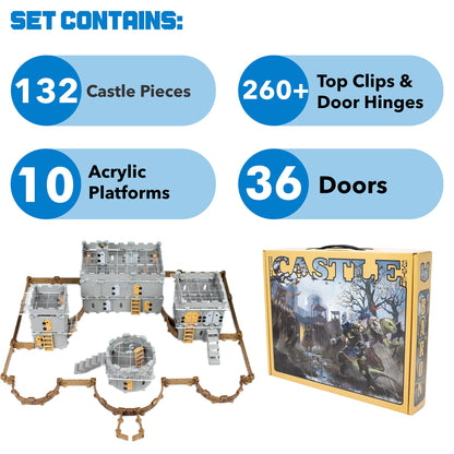 Product graphic detailing the contents of the Baron Castle Core Set: 132 Castle Pieces featuring windowed walls, 10 Acrylic Platforms (for vertical building), Wand 180+ Clips/Hinges with 36 Doors. This set focuses on straight walls for a keep or fort.