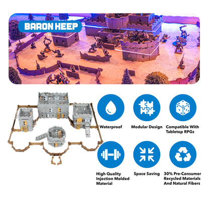 Product graphic detailing key features of the Baron Castle Set: Waterproof, Modular Design, Vertical Building, Injection Molded, Space Saving, and made with 30% Recycled Materials.