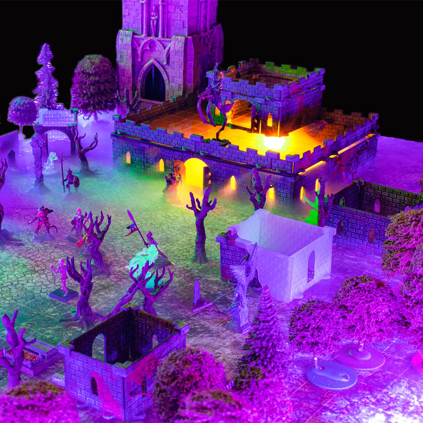 Atmospheric shot of a Baron Castle set build configured as gothic ruins, featuring broken walls, a doorway, and a miniature under dramatic purple ambient lighting, ideal for a dark fantasy tabletop RPG.