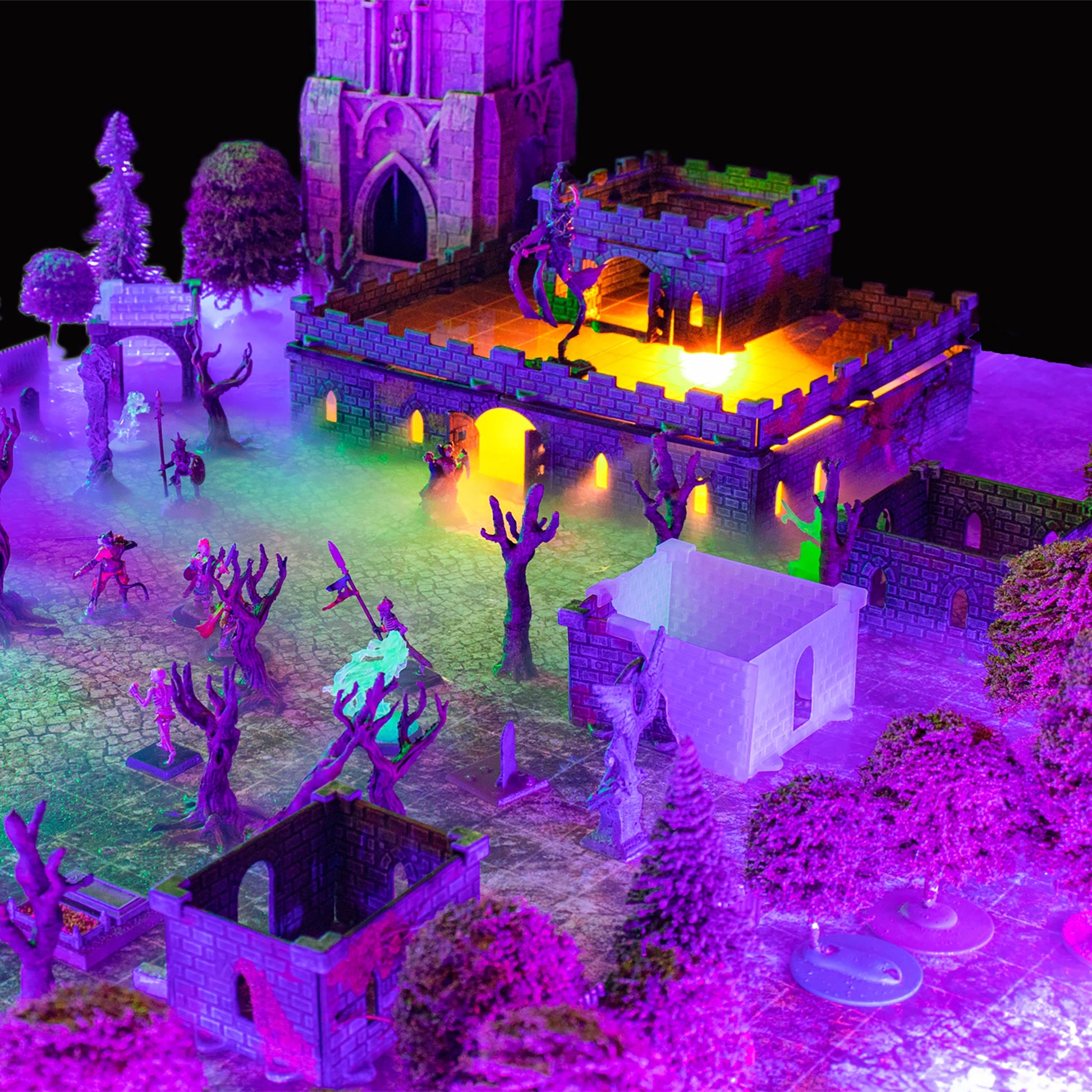 Atmospheric shot of a Baron Castle set build configured as gothic ruins, featuring broken walls, a doorway, and a miniature under dramatic purple ambient lighting, ideal for a dark fantasy tabletop RPG.