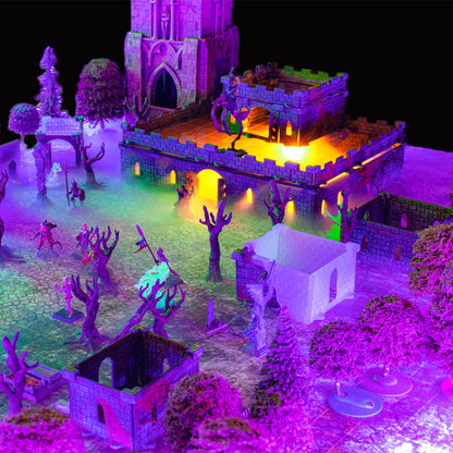 Atmospheric shot of a Baron Castle set build configured as gothic ruins, featuring broken walls, a doorway, and a miniature under dramatic purple ambient lighting, ideal for a dark fantasy tabletop RPG.
