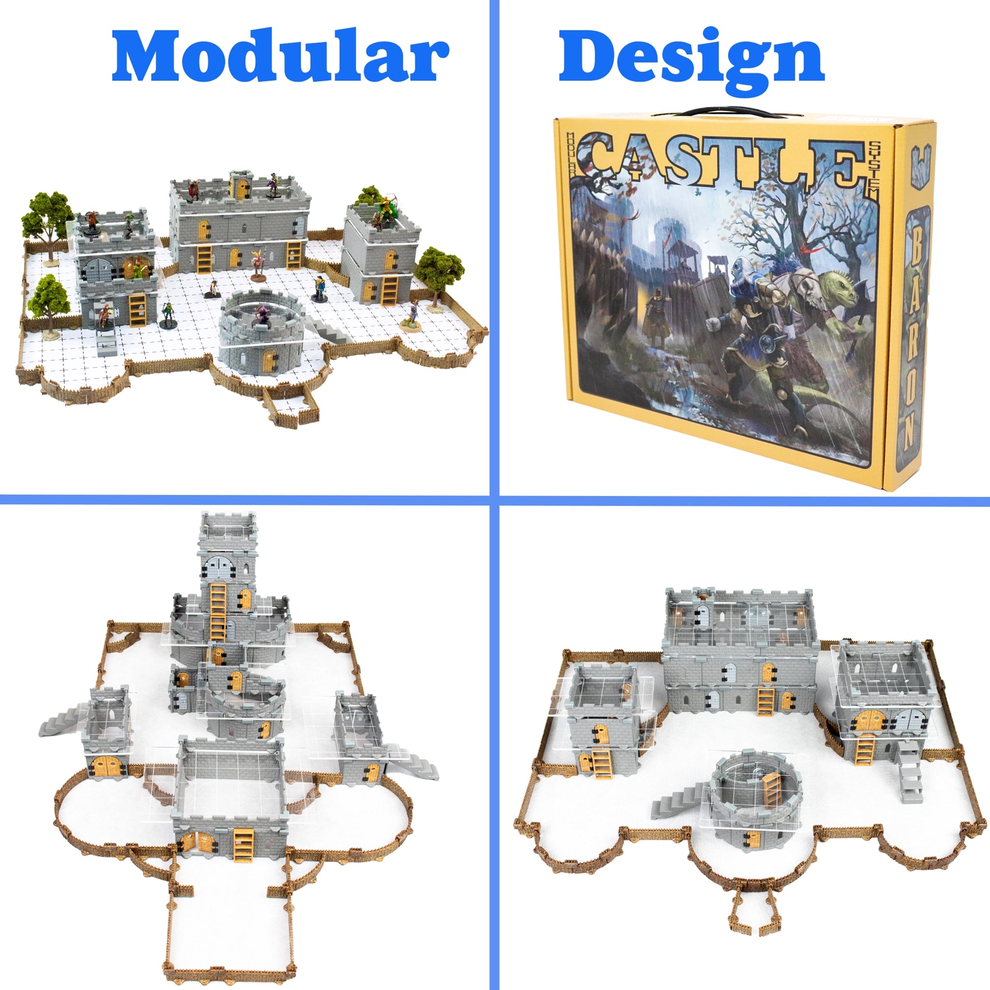 Overhead image showing various modular configurations possible with the Baron Castle Set components, including multi-story rooms, small castle forts, and several different combinations of walls, doors, and palisades.