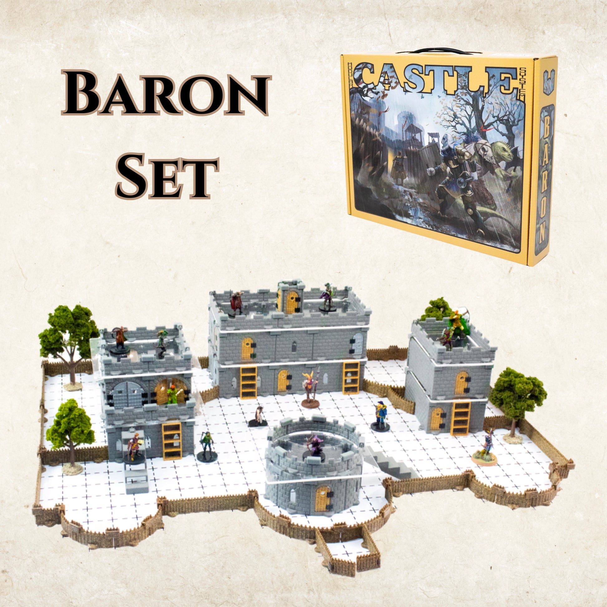 Image showing the Baron Castle Core Set product box next to a small, two-story modular castle build, highlighting the vertical building capabilities using acrylic platforms for a D&D castle keep.