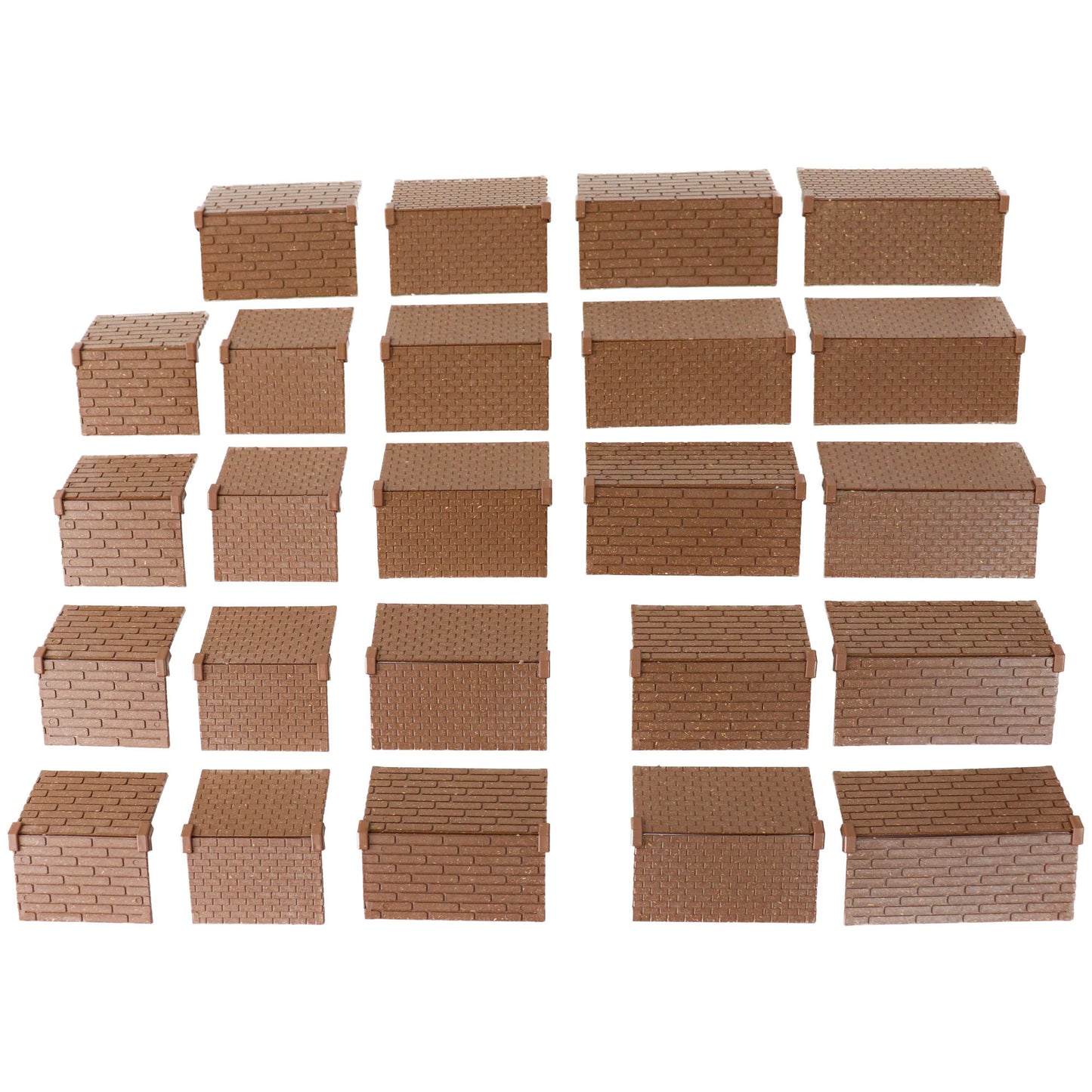 Collection of brown 3D roof tiles in various shapes and sizes for modular fantasy village terrain buildings.
