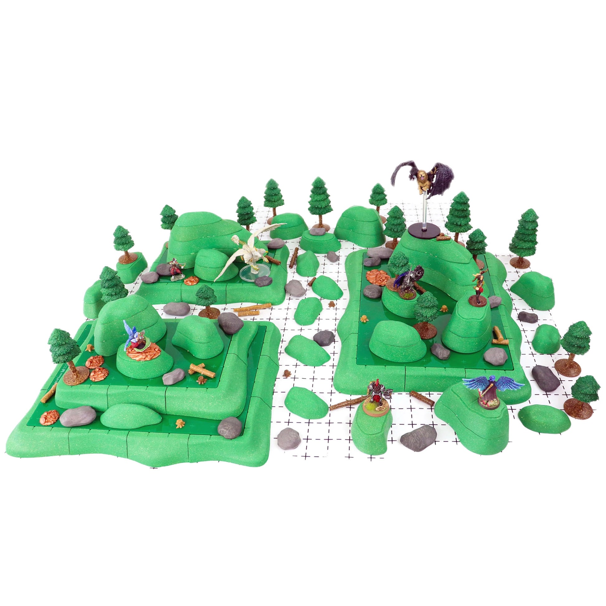 Atmospheric scene showing the Chimera Terrain Set modular hills and logs arranged as a dark pine forest battlefield, featuring tall miniature trees and dramatic lighting for a D&D wilderness encounter.