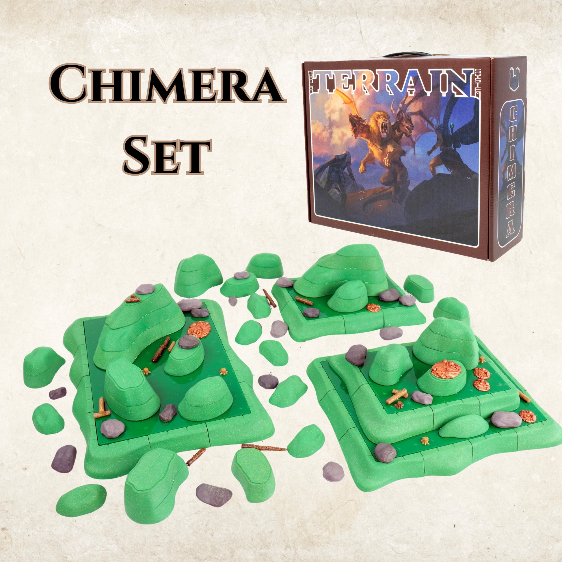 Image showing the Chimera Terrain Core Set product box next to a massive, multi-level outdoor terrain build. This is the largest terrain set, featuring green acrylic platforms for epic elevated plateaus.