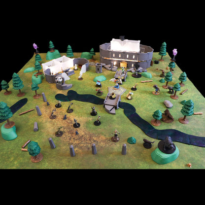 Wide overhead view of the Cursed Lands Bundle fully assembled, creating a sprawling dark fantasy campaign map combining the Lich Sanctorum, Dark Pine Forest, and Magic Ruins kits.