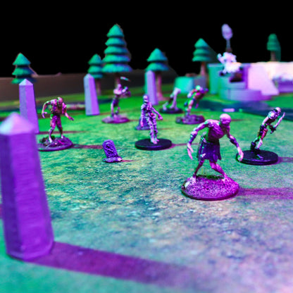 A close-up shot of the dead rising from their graves in the Dark Pine Forest to attack the living, focusing on the Summoners Altar obelisks. 