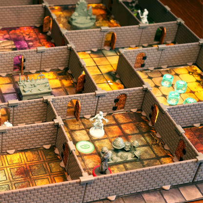 Dirt Cheap Dungeons' AQ Set clearly marked as compatible with the "AltarQuest" board game, showcasing a large, fully built dungeon layout.