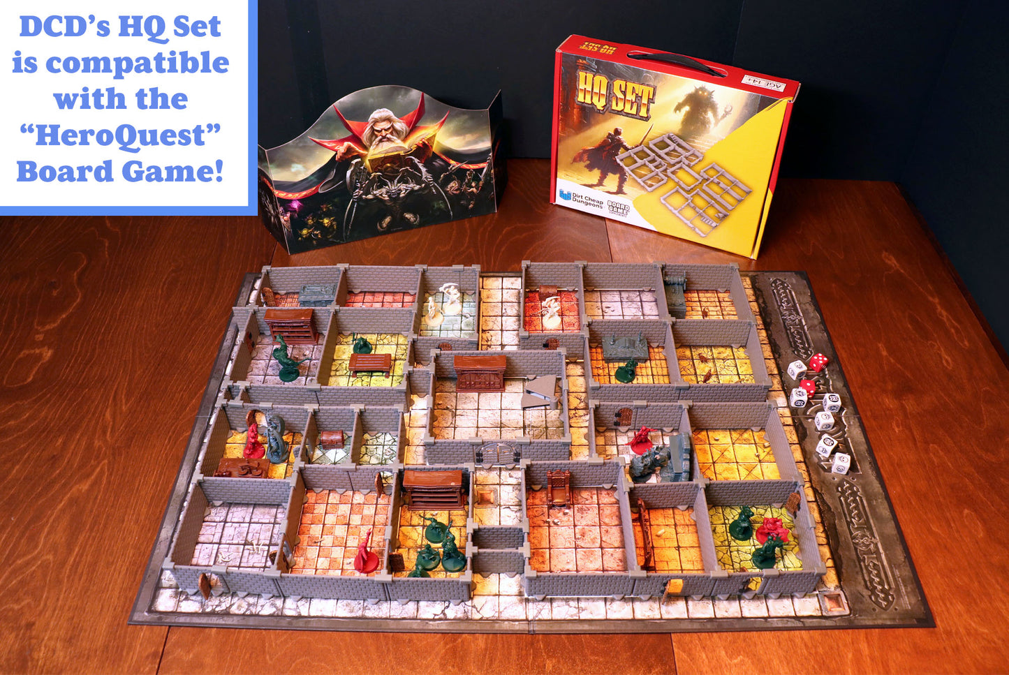 Dirt Cheap Dungeons' HQ Set labeled as compatible with the "HeroQuest" Board Game, showing a large 3D modular dungeon layout.