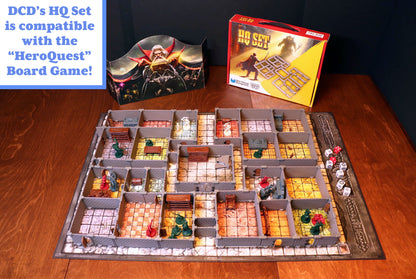Dirt Cheap Dungeons' HQ Set labeled as compatible with the "HeroQuest" Board Game, showing a large 3D modular dungeon layout.