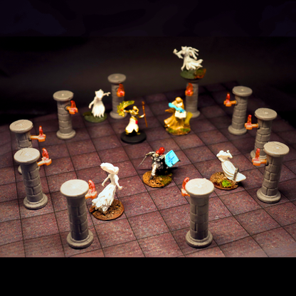 A Dungeons and Dragons battle scene using multiple stone pillars and torches terrain pieces and various hero and ghost miniatures.