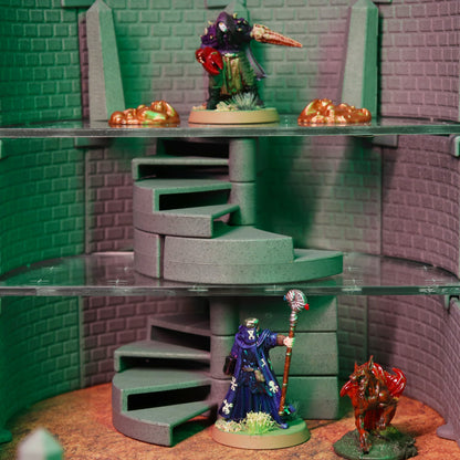 Close-up scene featuring miniatures engaged in combat on the Spiral Staircase and multi-level platforms of the Lich Sanctorum Set, demonstrating epic verticality for D&D battles.