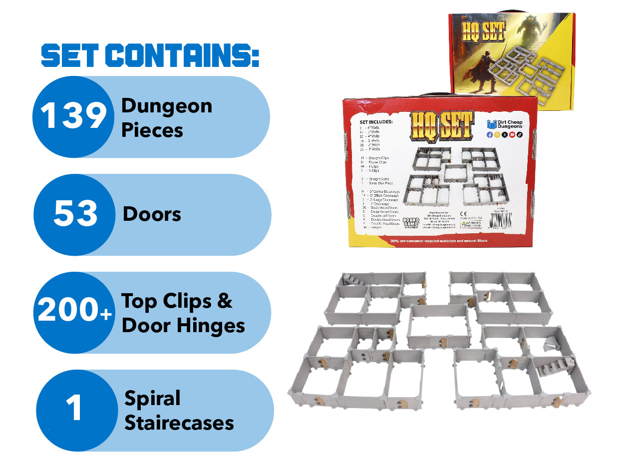 HQ Set contents list showing 139 Dungeon Pieces, 53 Doors, 200+ Clips/Hinges, and a Spiral Staircase, detailing the modular wall kit.