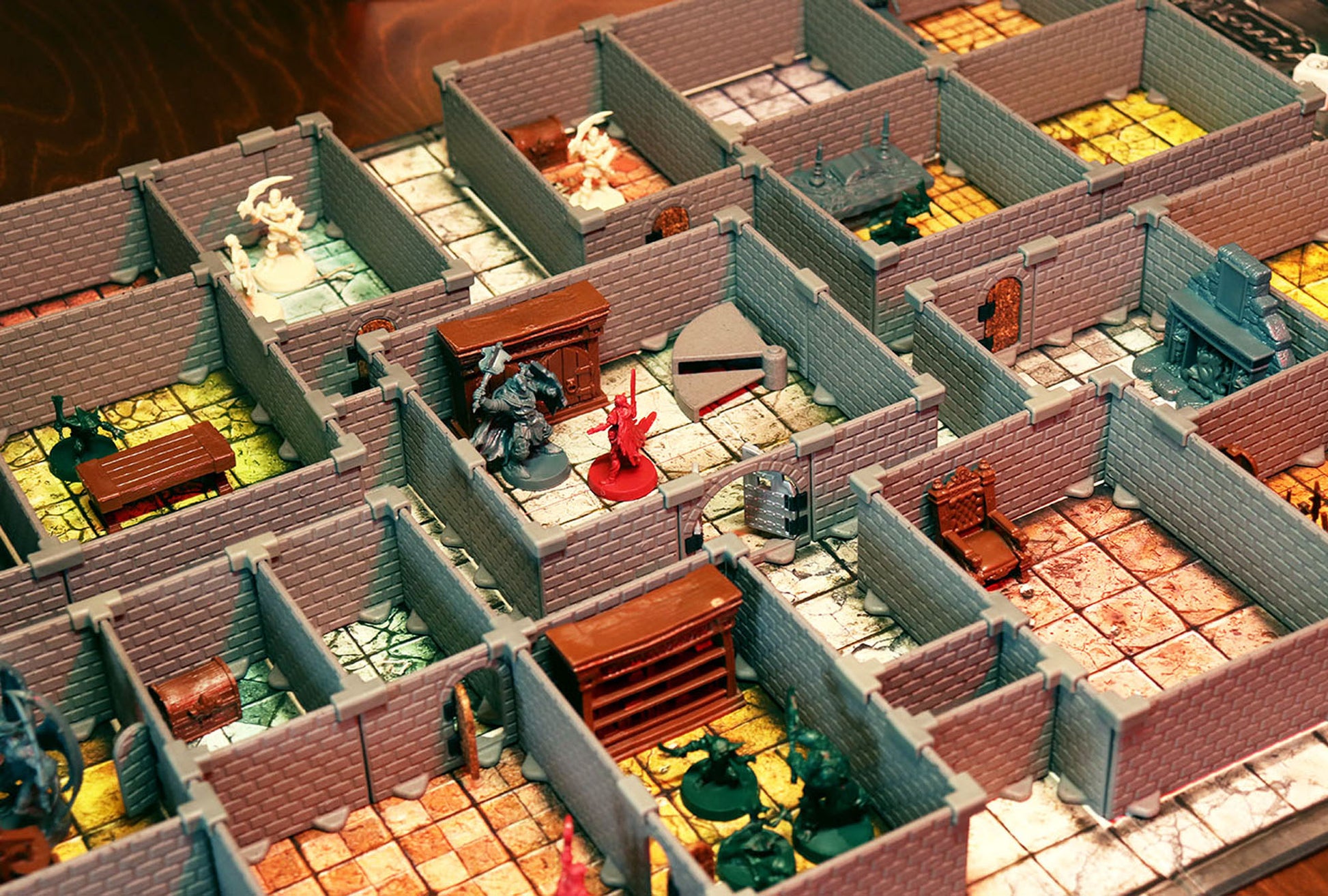 Detailed view of the HQ Set modular dungeon layout with various rooms, closed doors, and many pieces of miniature furniture and monsters.