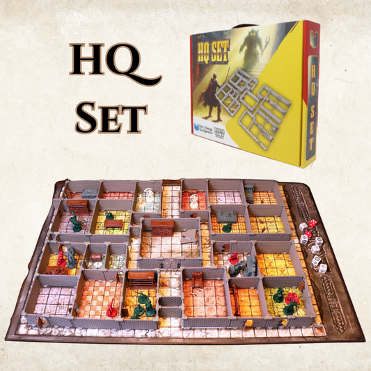 HQ Set of modular dungeon walls and doors, fully built on the HeroQuest board game map tiles with miniatures and furniture pieces.