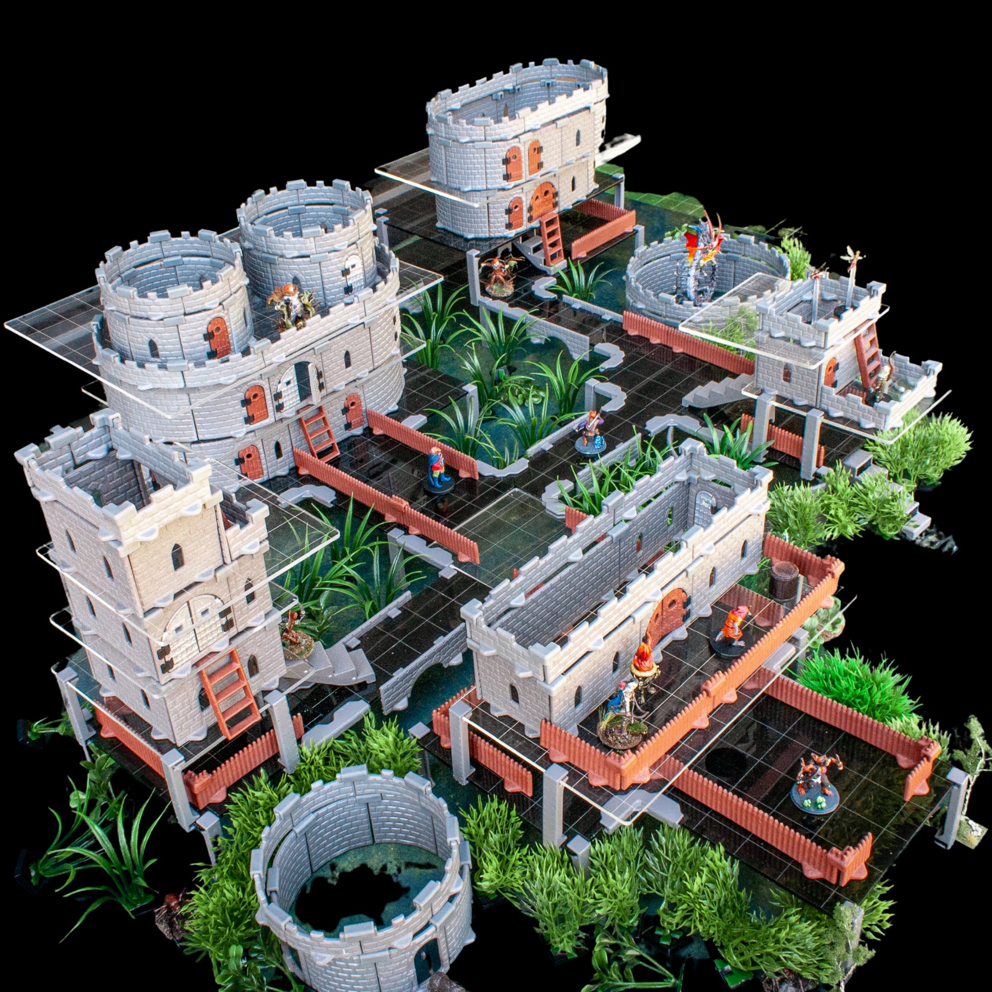 Wide view of a large modular RPG dungeon complex using the Regent Plus dark gray acrylic platforms to create a complete multi-level environment.
