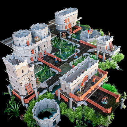 Wide view of a large modular RPG dungeon complex using the Regent Plus dark gray acrylic platforms to create a complete multi-level environment.