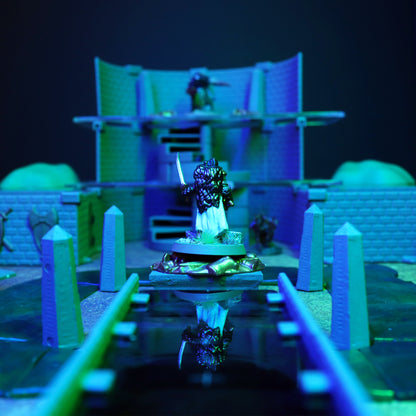 Atmospheric scene cast in blue light showing thematic scene of hero confronting BBEG on an Altar while the villian looks down from above, creating the dread-filled setting of a Lich's Sanctorum or ritual chamber for tabletop RPGs.